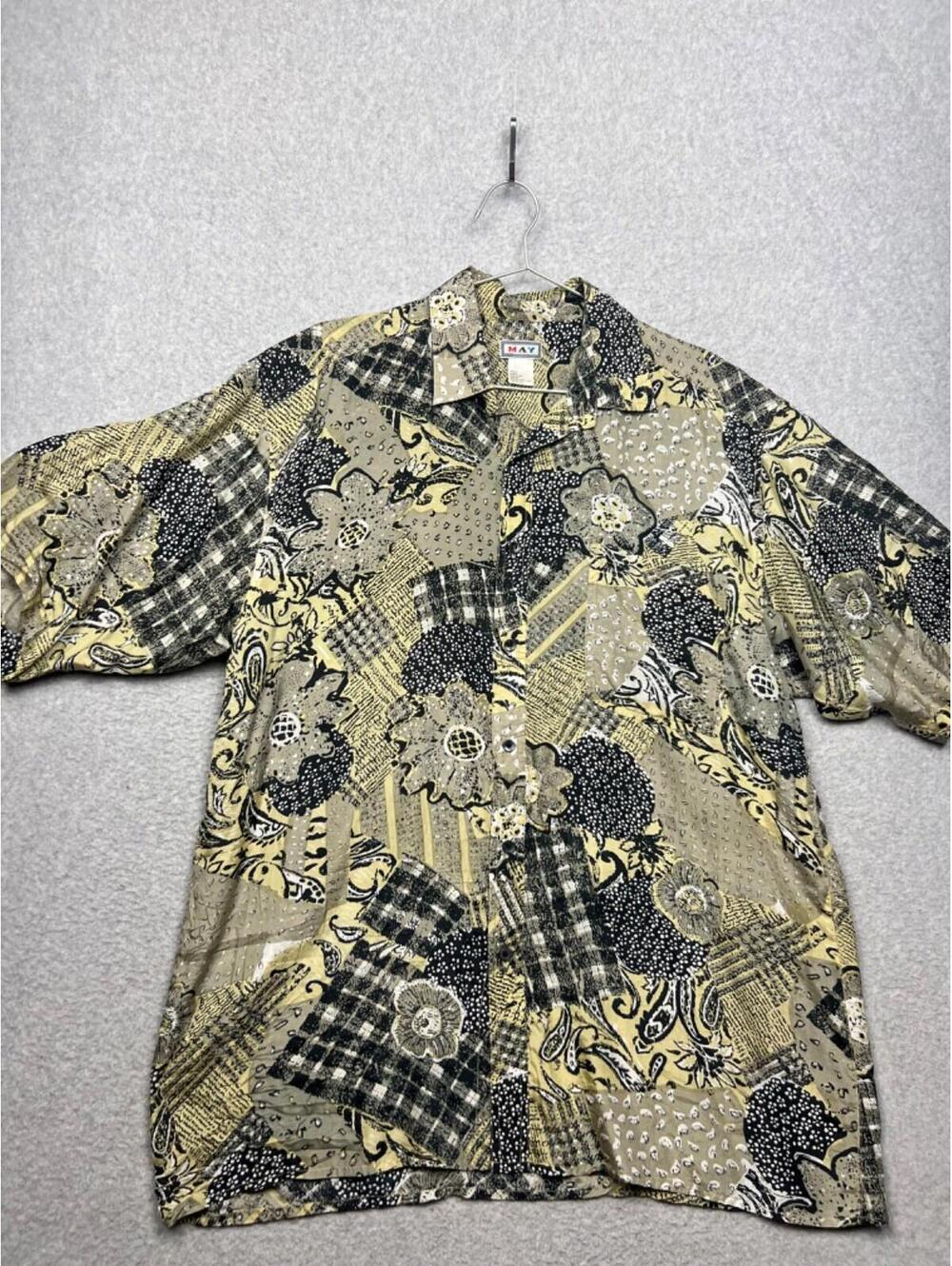Vintage May Mens PatchWork Silk Button Up Large Shirt Gold 90s Retro Wacky Rare